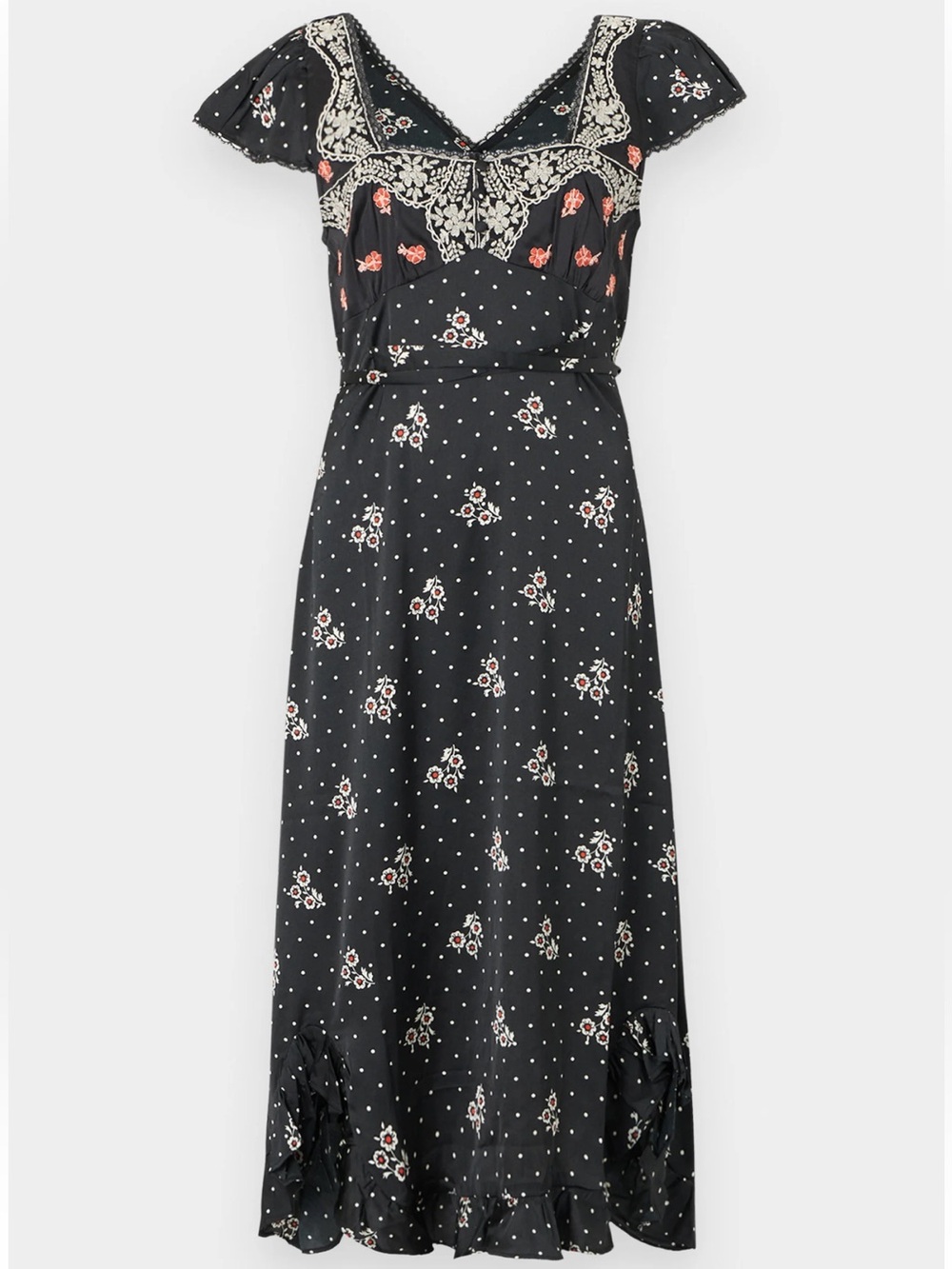 Free People Haven Embroidered Lace Trim Satin Midi Dress